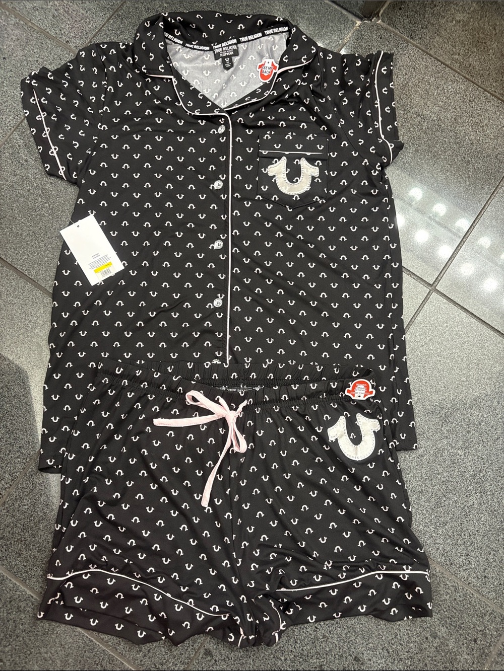 True Religion Black Short-Sleeve Pajama Set with Pink Drawstring